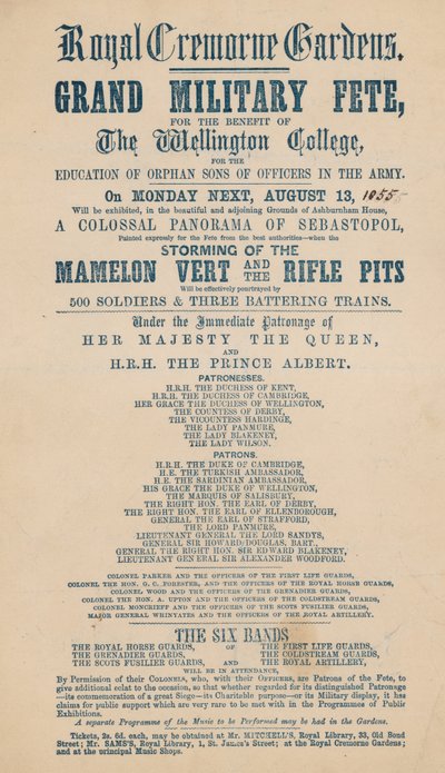 Advert for Grand Military Fete for the benefit of The Wellington College by English School